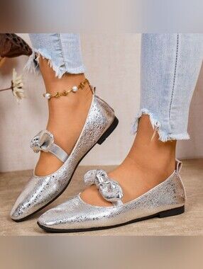 Silver Bow Mary Jane Flats for Women